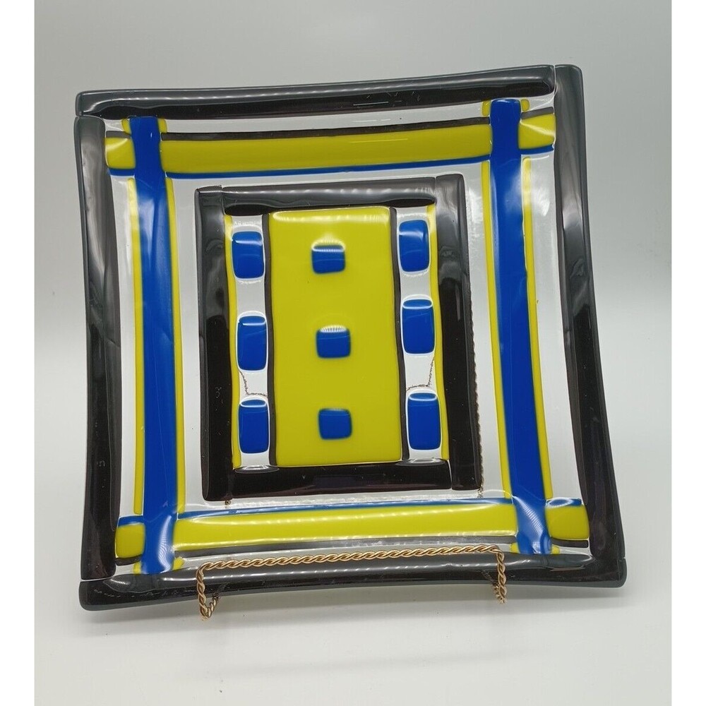 Fused Art Glass Tray Blue Yellow Black Candle Plate Centerpiece